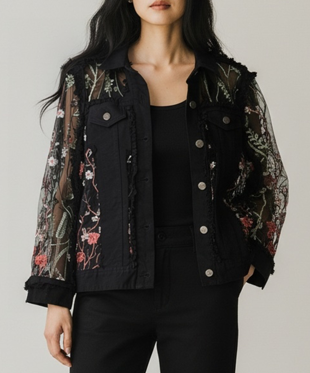 A.Z.I. Denim Jacket Size S Sheer Floral Embroidery
